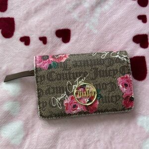 Juicy Couture Brown Wallet with Pink Floral Accents and Gold Logo